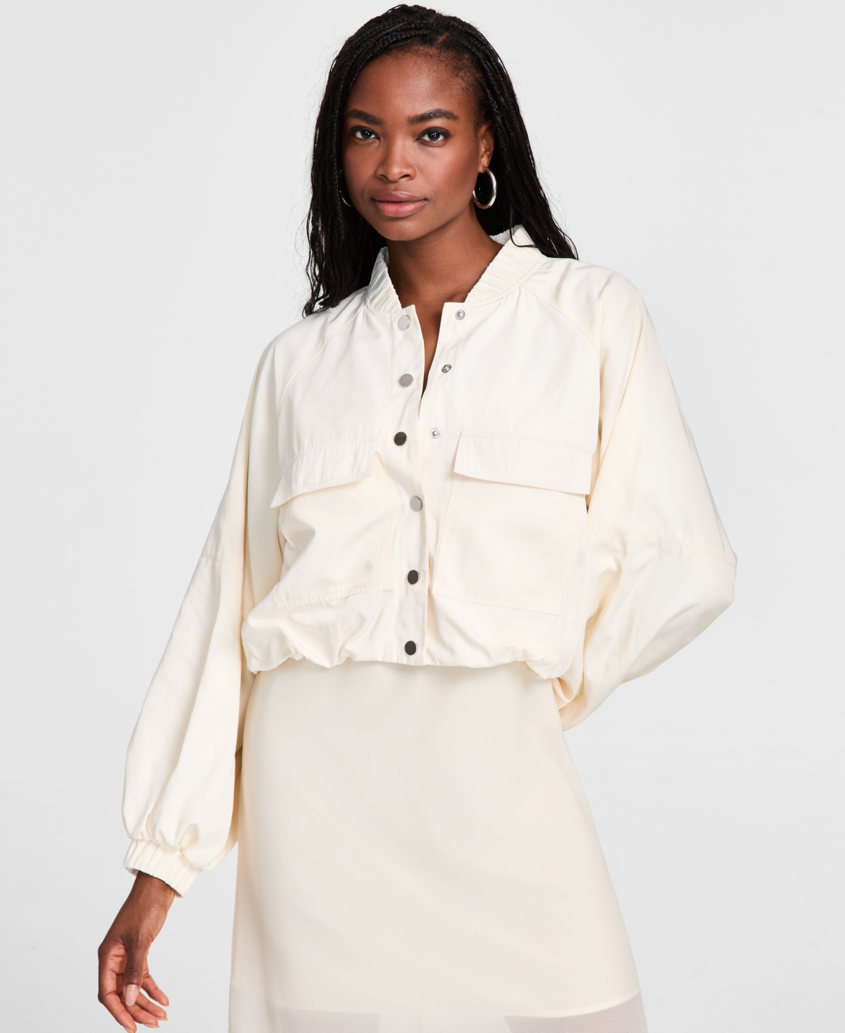 Women's Long-Sleeve Bubble-Hem Cargo Jacket, Exclusively at Macy's - Dusty Olive