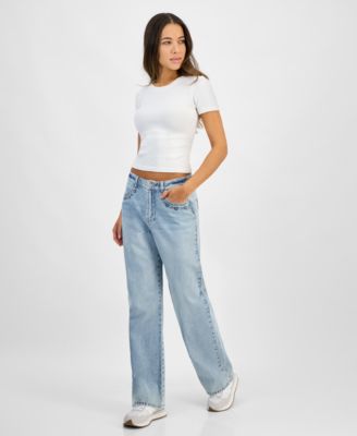 Juniors' High-Rise Embroidered Wide-Leg Jeans 