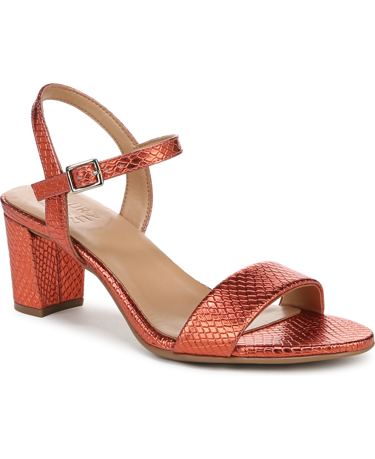 Naturalizer Bristol Block Heel Ankle Strap Sandal In Orange Metallic Snake Embossed Faux Leat