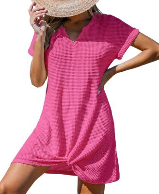 Women's Waffle Knit Short Sleeve Hem Twist Mini Cover-Up