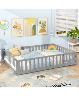 Montessori Bed Frame with Full-length Guardrails Safety Door and Latch