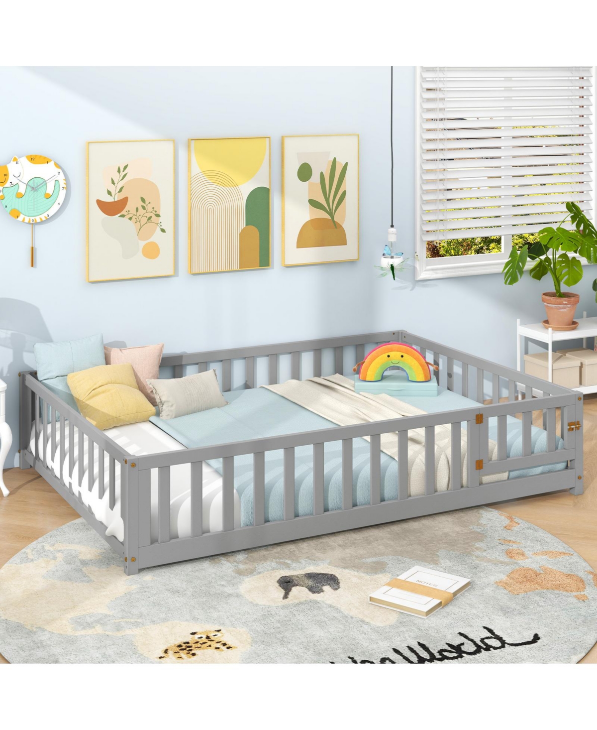 Montessori Bed Frame with Full-length Guardrails Safety Door and Latch