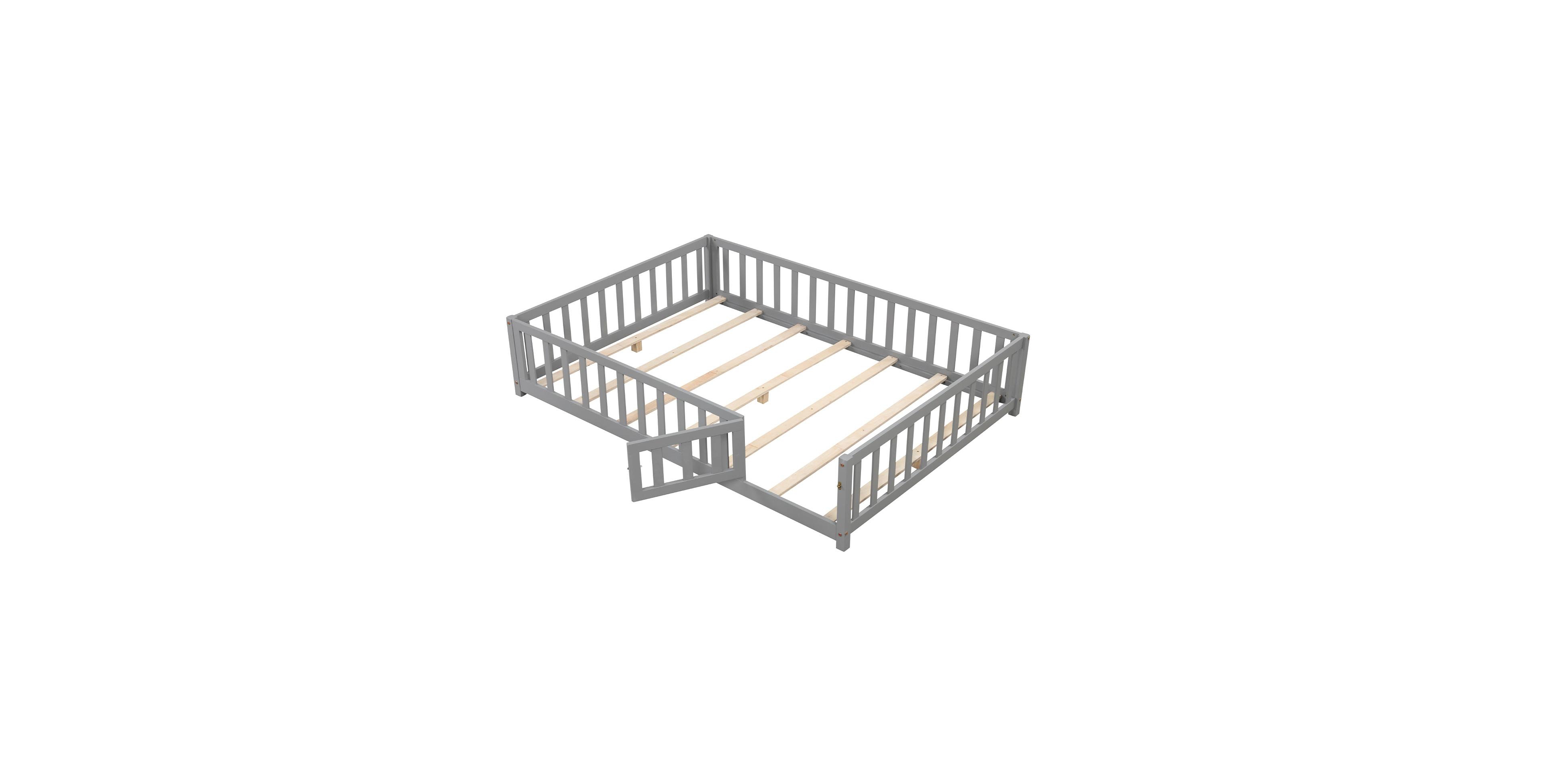 Montessori Bed Frame with Full-length Guardrails Safety Door and Latch