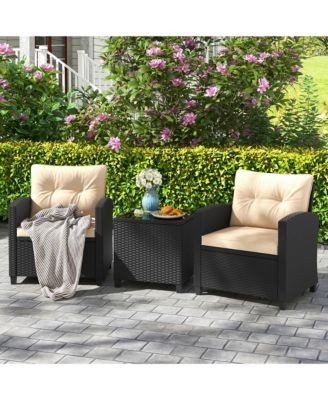 3 PCS Patio Furniture Set w/Tempered Glass Coffee Table Washable Cushions