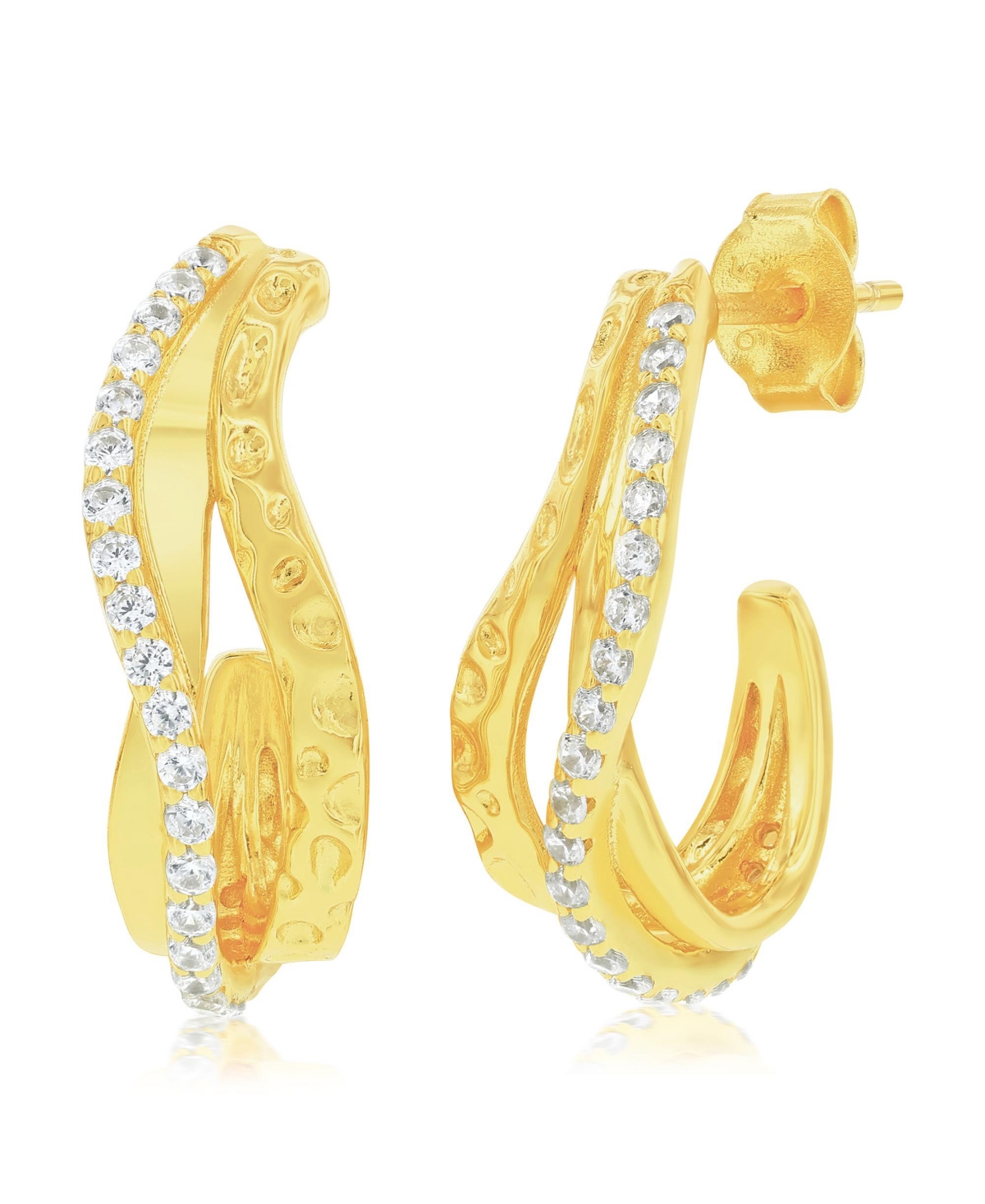 Sterling Silver, Wavy Design Half Hoop Cz Earrings - Gold