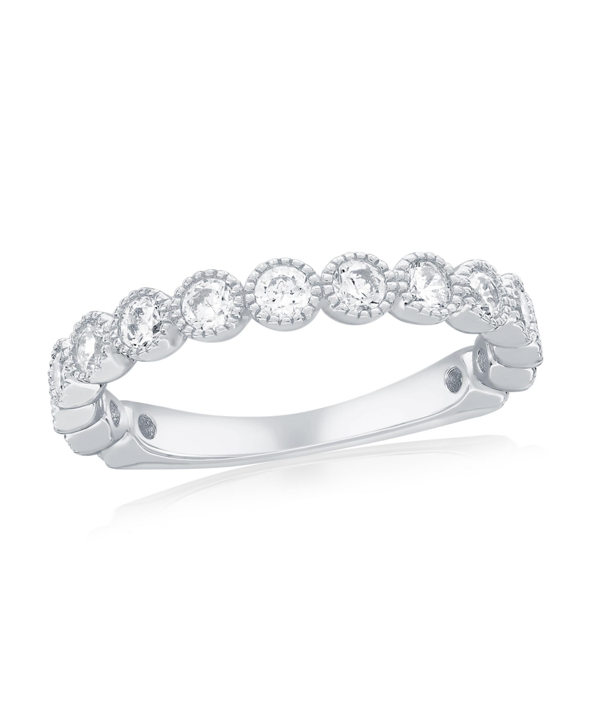 Sterling Silver, Round Cz Beaded Outline Ring - Silver