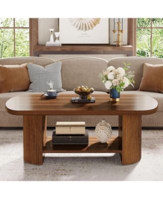 Oval Coffee Table, Mid-Century 2-Tier Coffee Table with Storage Shelf