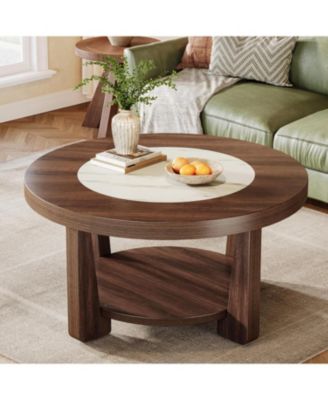 Coffee Table, 2-Tier Round Coffee Table with Heavy-Duty Wood Tabletop for Living Room