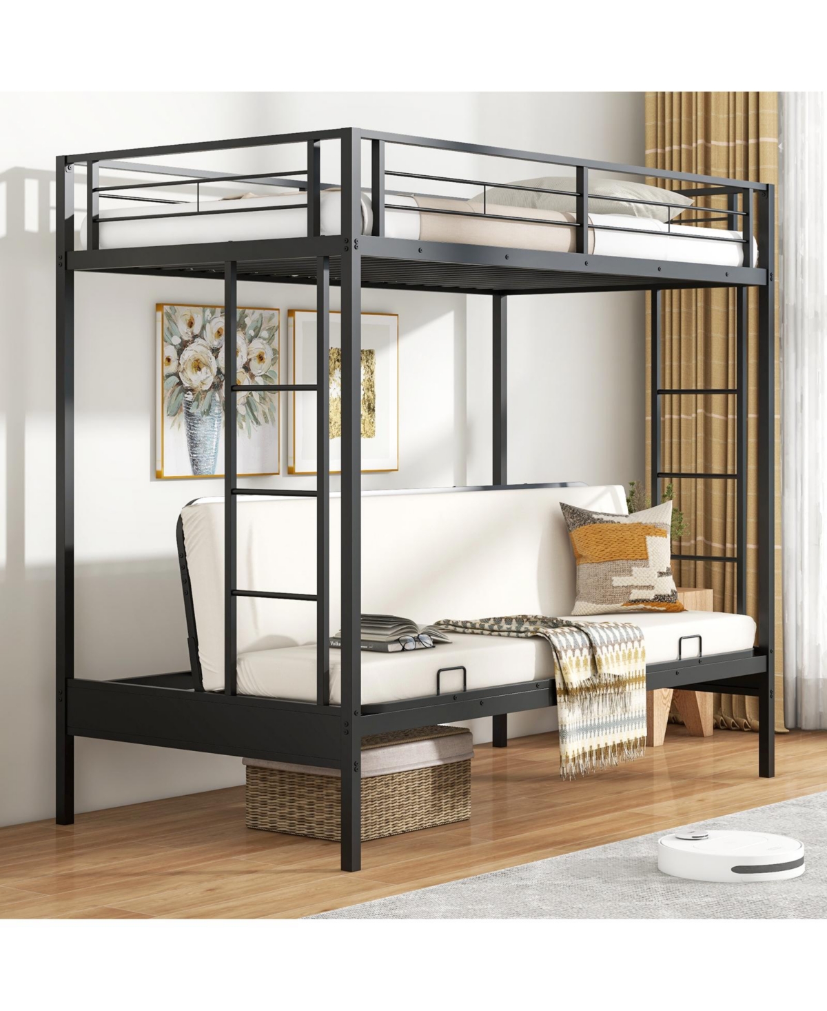 Sturdy Futon Bunk Bed with Two Ladders and Comfortable Seating
