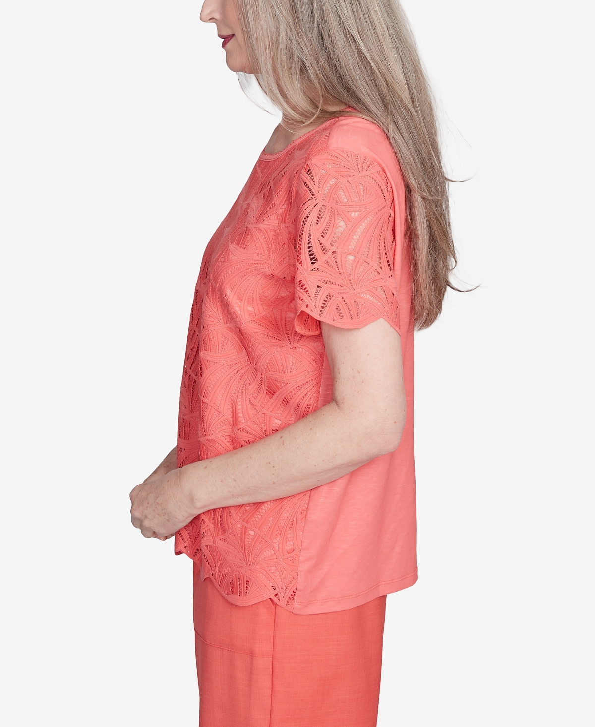 Alfred Dunner Plus Size Catalina Island Lace Trimmed Textured Crew Neck Top In Tangerine