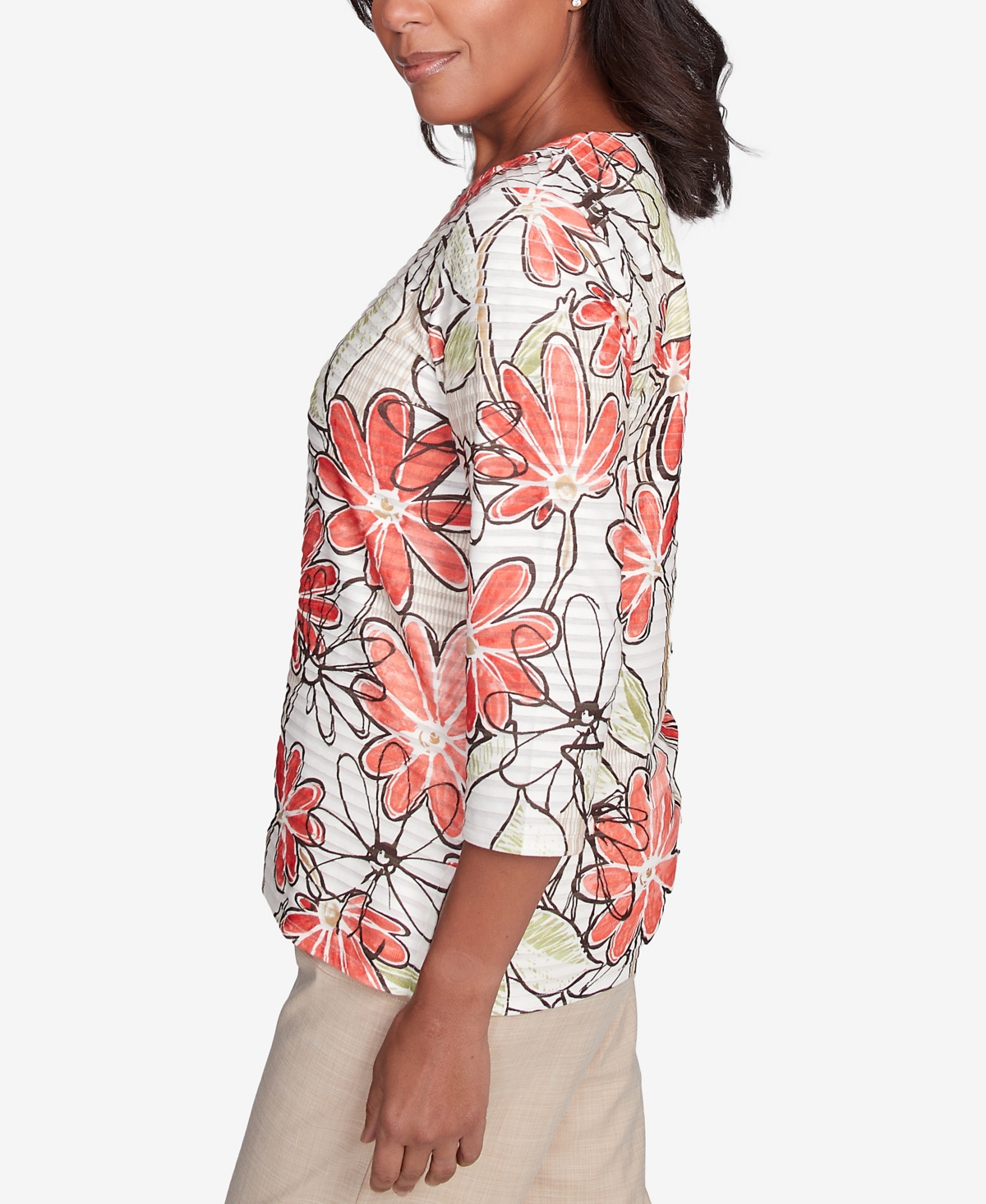 Alfred Dunner Women's Catalina Island Bold Island Floral Textured Top In Tangerine Multi