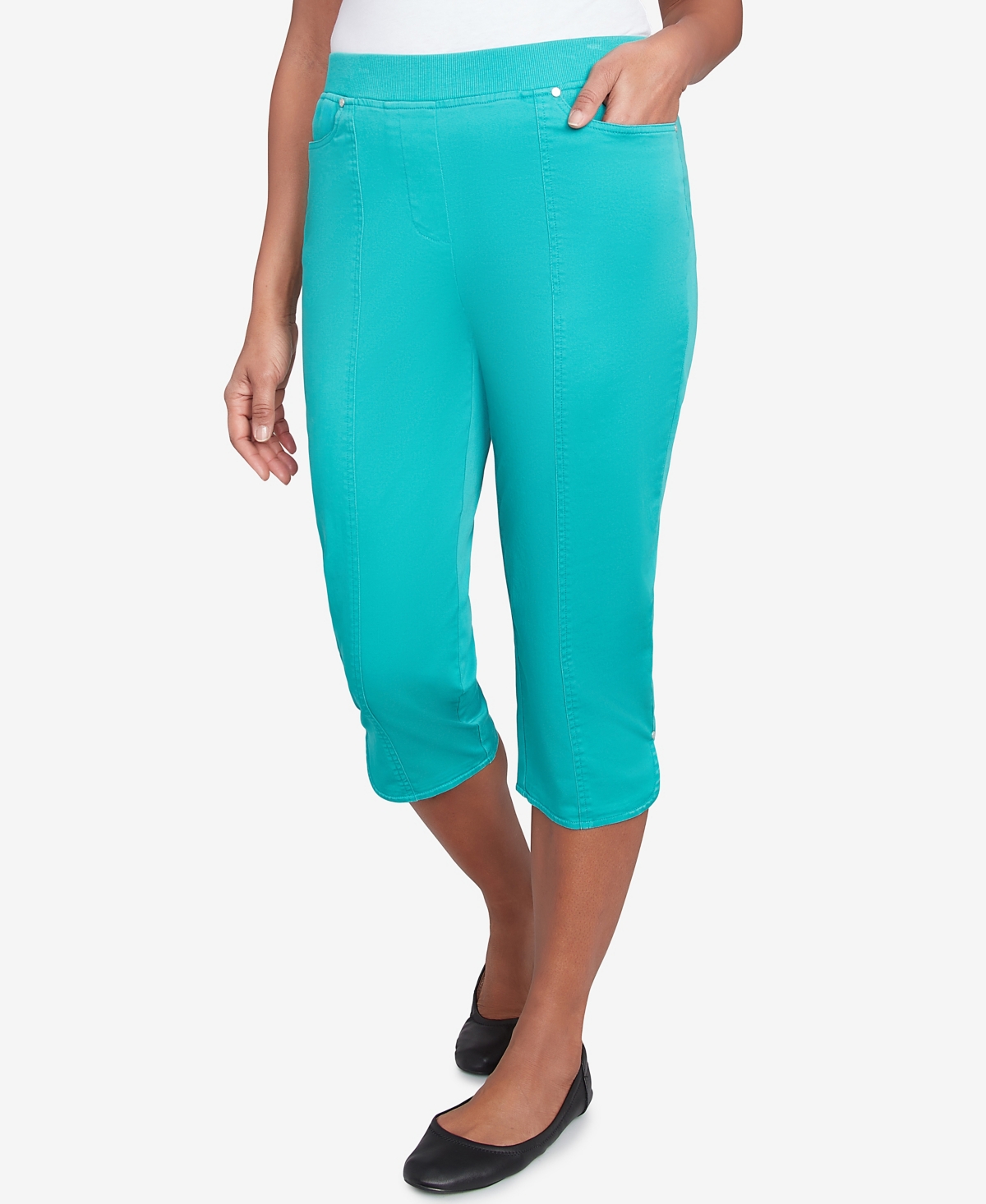 Alfred Dunner Plus Size Parrot Cay Novelty Cuff Tummy Control Capris Pants In Jade