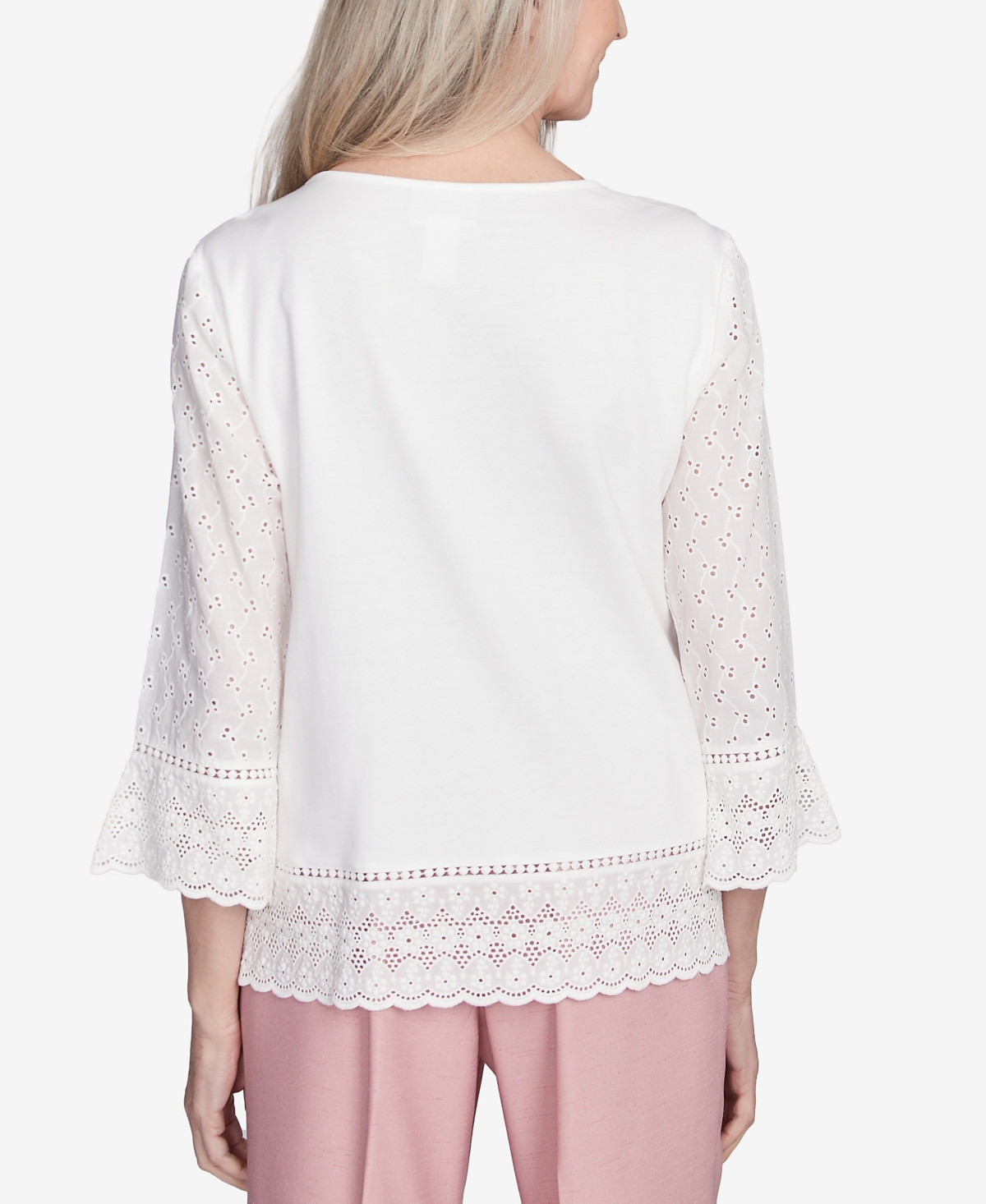 Alfred Dunner Petite Estate Of Mind Embroidered Floral Eyelet Trim Top In Oyster