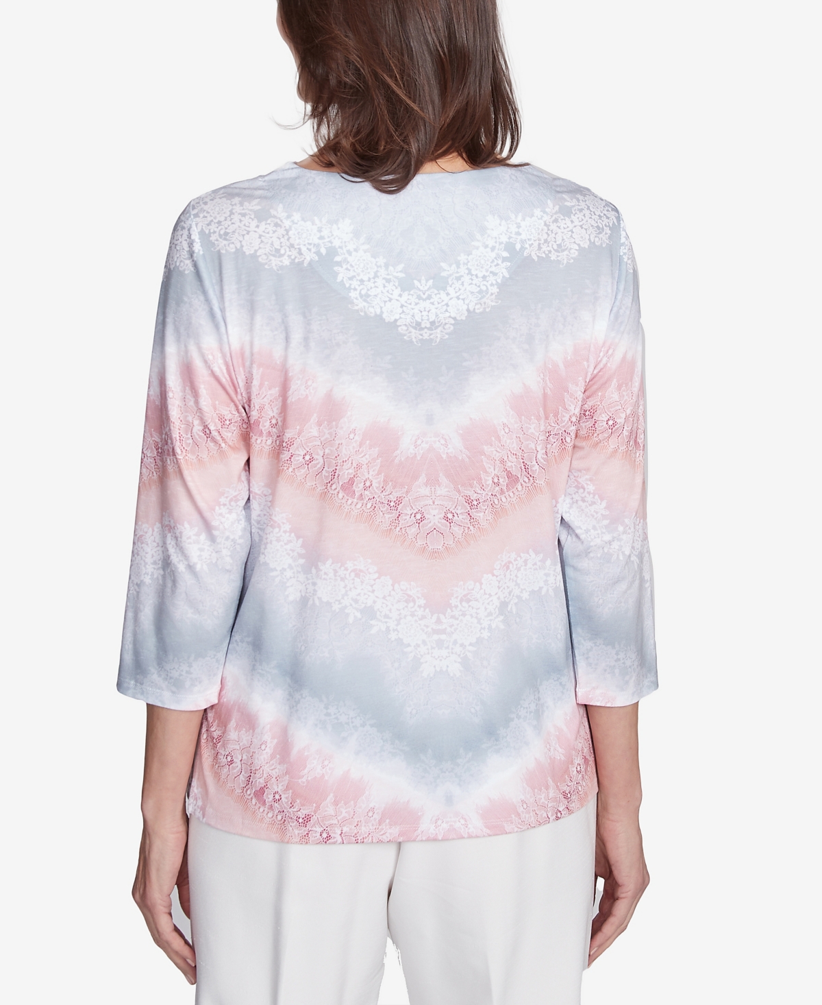Alfred Dunner Women's Estate Of Mind Chevron Lacey Three Quarter Sleeve Top In Multi Pink