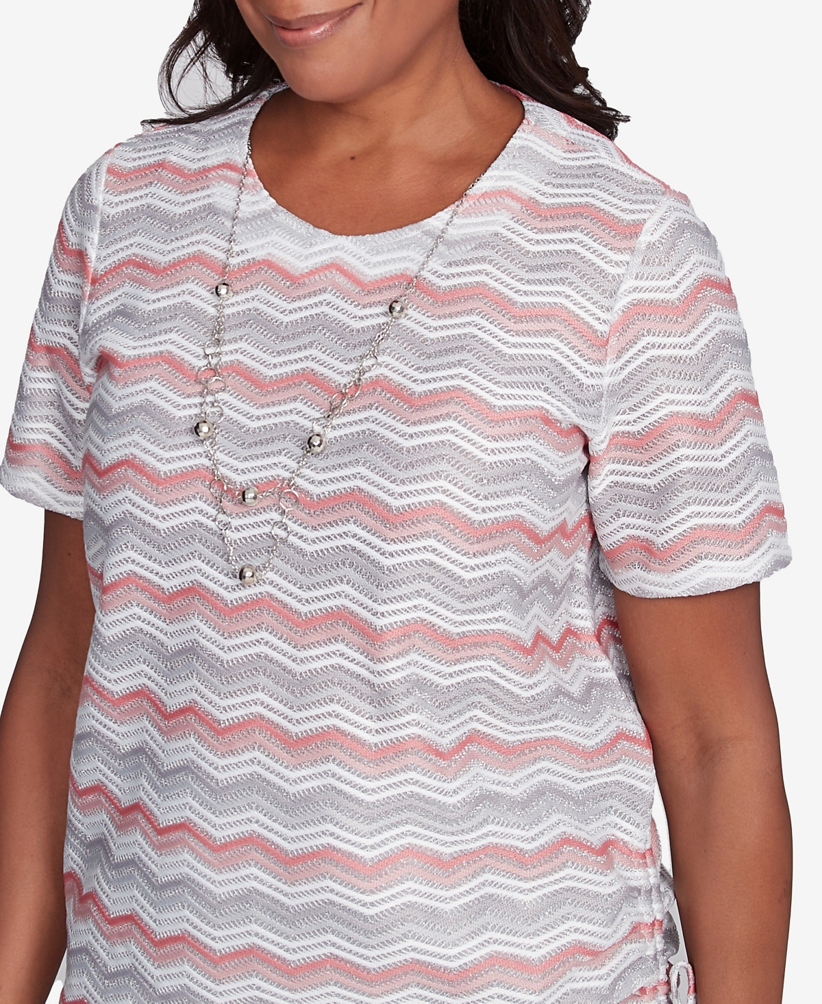Alfred Dunner Petite Estate Of Mind Chevron Shimmer Top With Necklace In Multi Pink