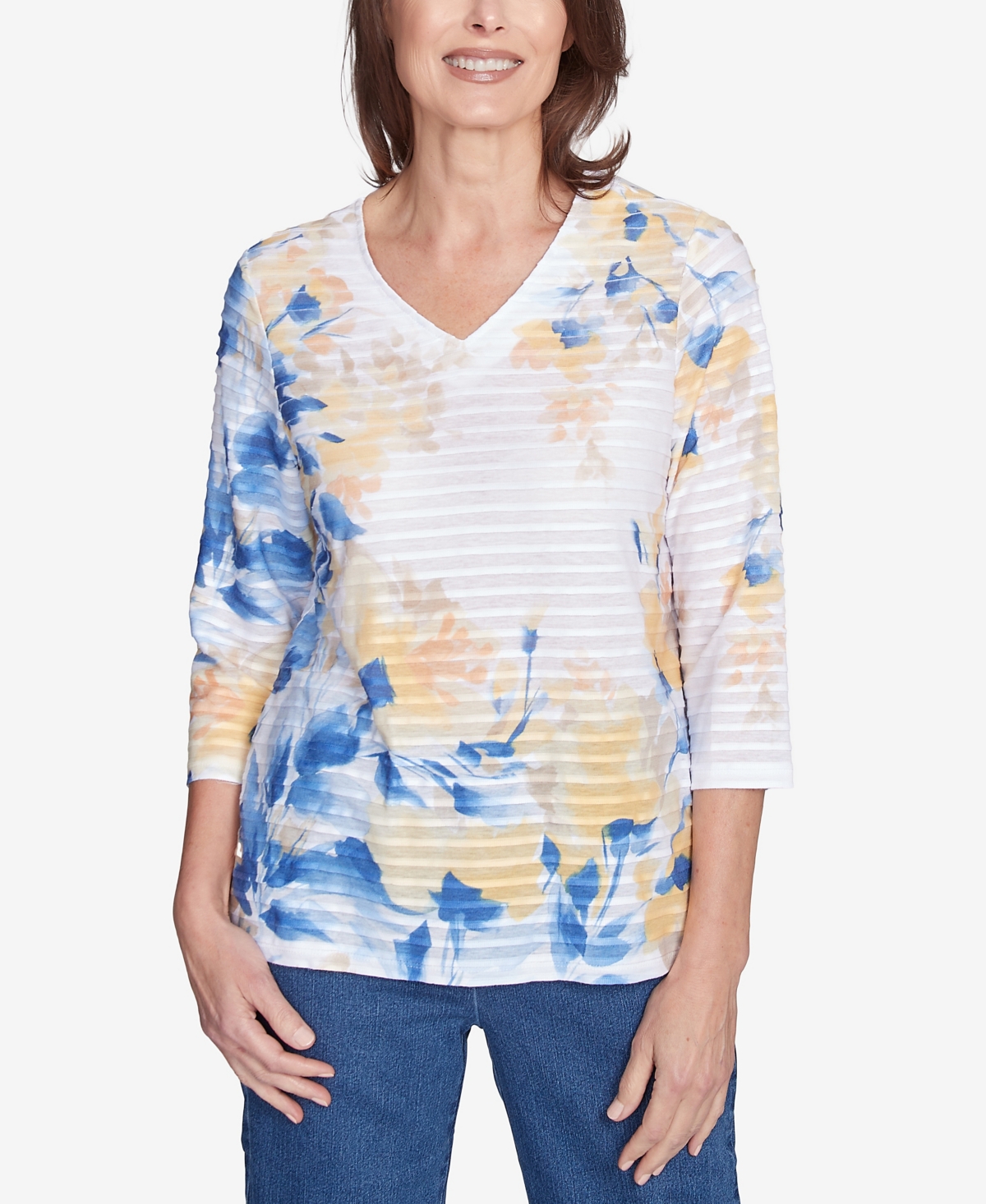 Alfred Dunner Plus Size Flower Power Floral Textured V Neck Top In Multi Blue