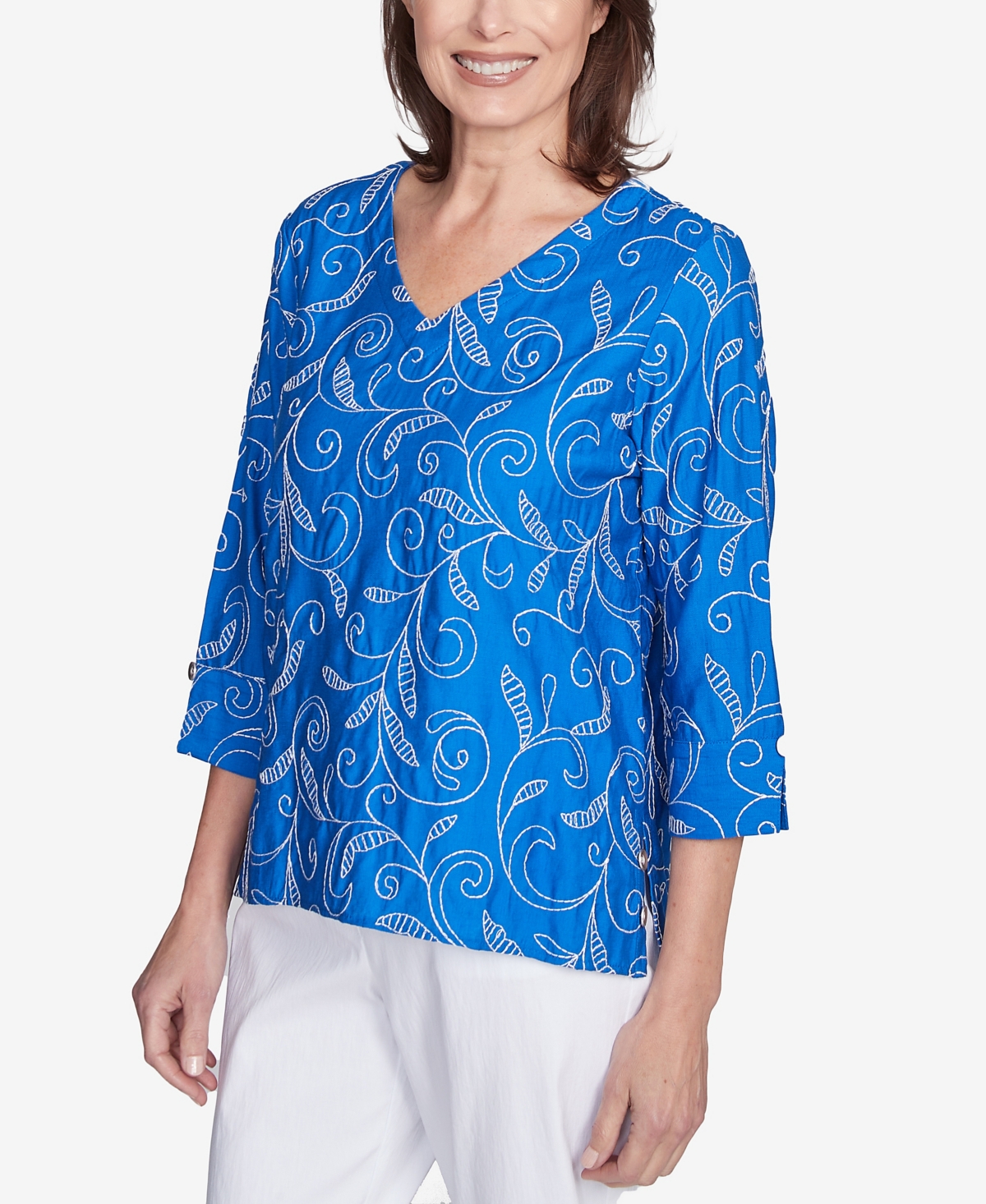 Alfred Dunner Plus Size Parrot Cay Scroll Embroidered Cuff Sleeve Top In Cobalt Blue