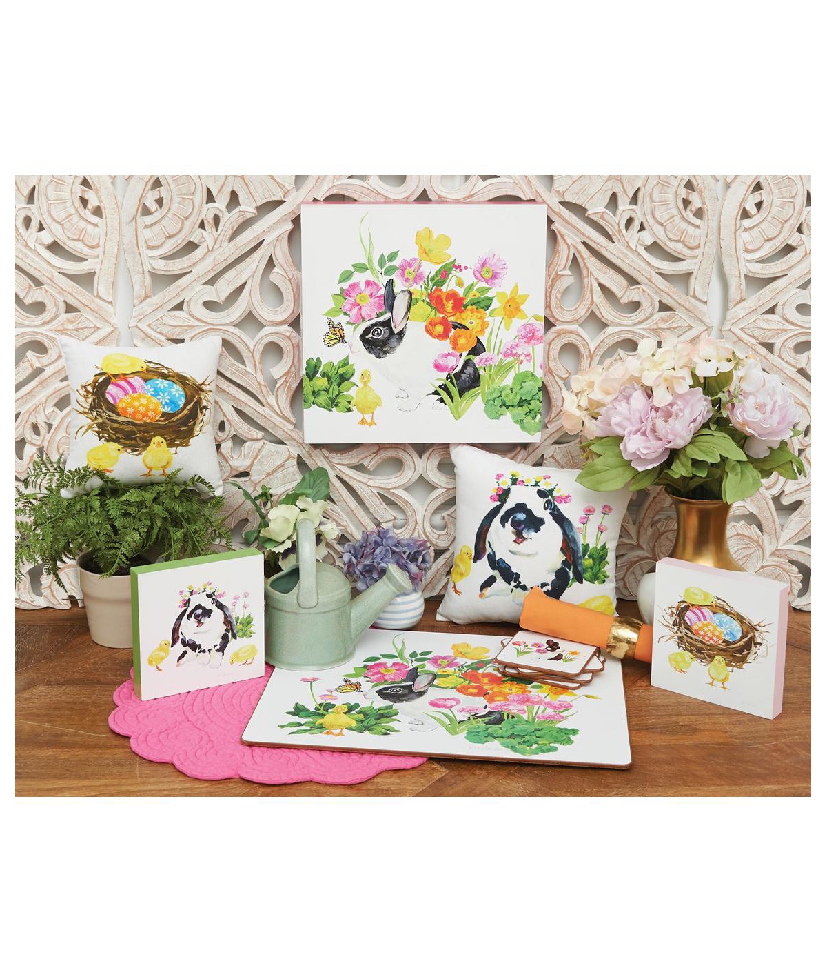 10" x 10" Bunny & Ducks Easter Spring Themed Printed Small/Petite Accent Throw Pillow