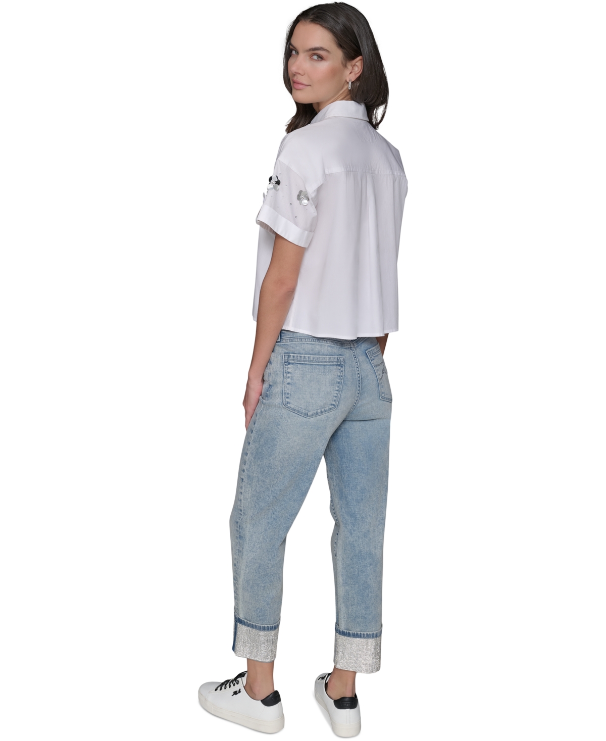 Karl Lagerfeld Women's Embellished Cropped Button-down Shirt In White