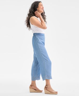 Women's Chambray Embroidered-Hem Cropped Pants, Exclusively at Macy's