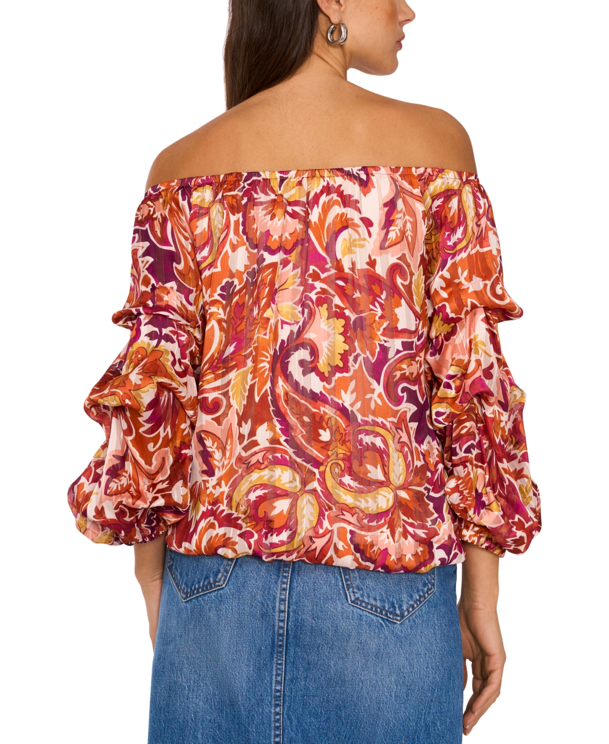 Vince Camuto Paisley Off The Shoulder Bubble Sleeve Top In Wine