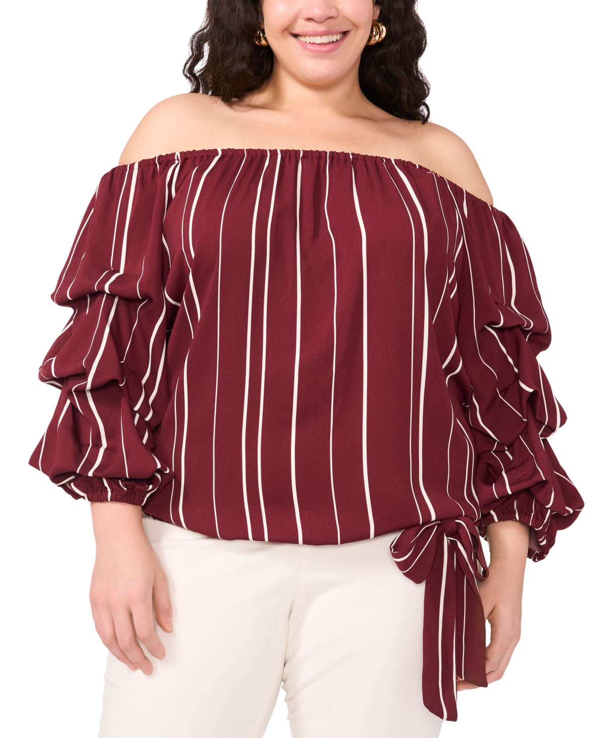 VINCE CAMUTO PLUS SIZE STRIPED OFF-THE-SHOULDER BUBBLE 3/4-SLEEVE TIE-FRONT BLOUSE 