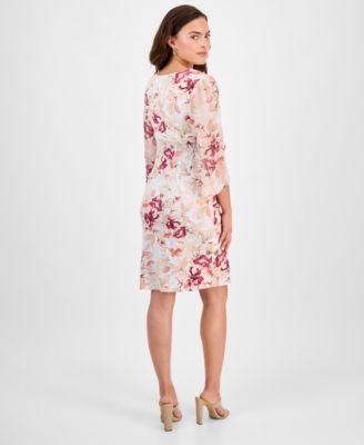 Petite Floral-Print Ruched Cape-Sleeve Dress
