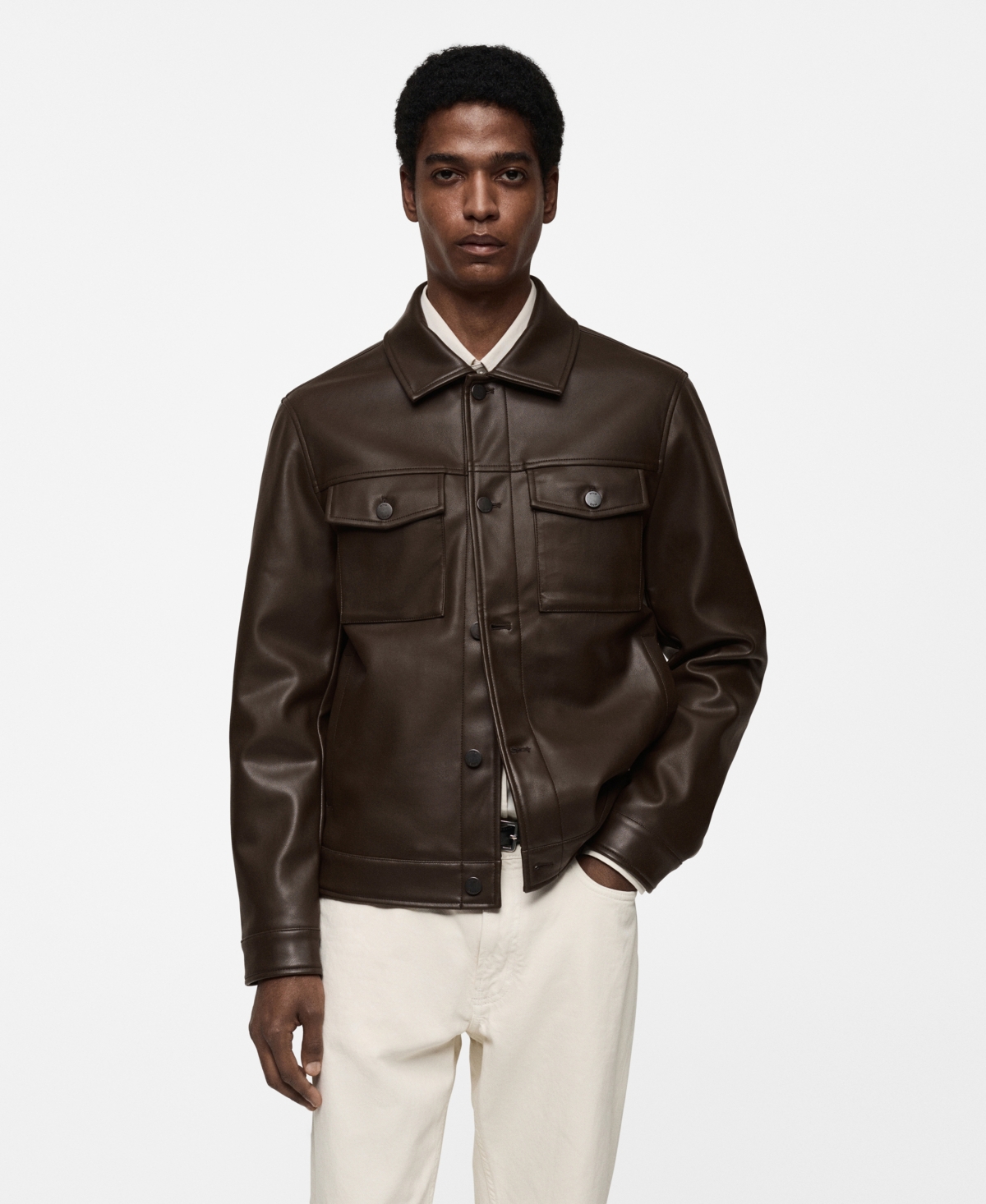 Men's Pockets Detail Faux-Leather Jacket - Brown
