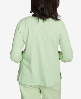 Petite Parrot Cay Solid Split Neck Lace Trim Top