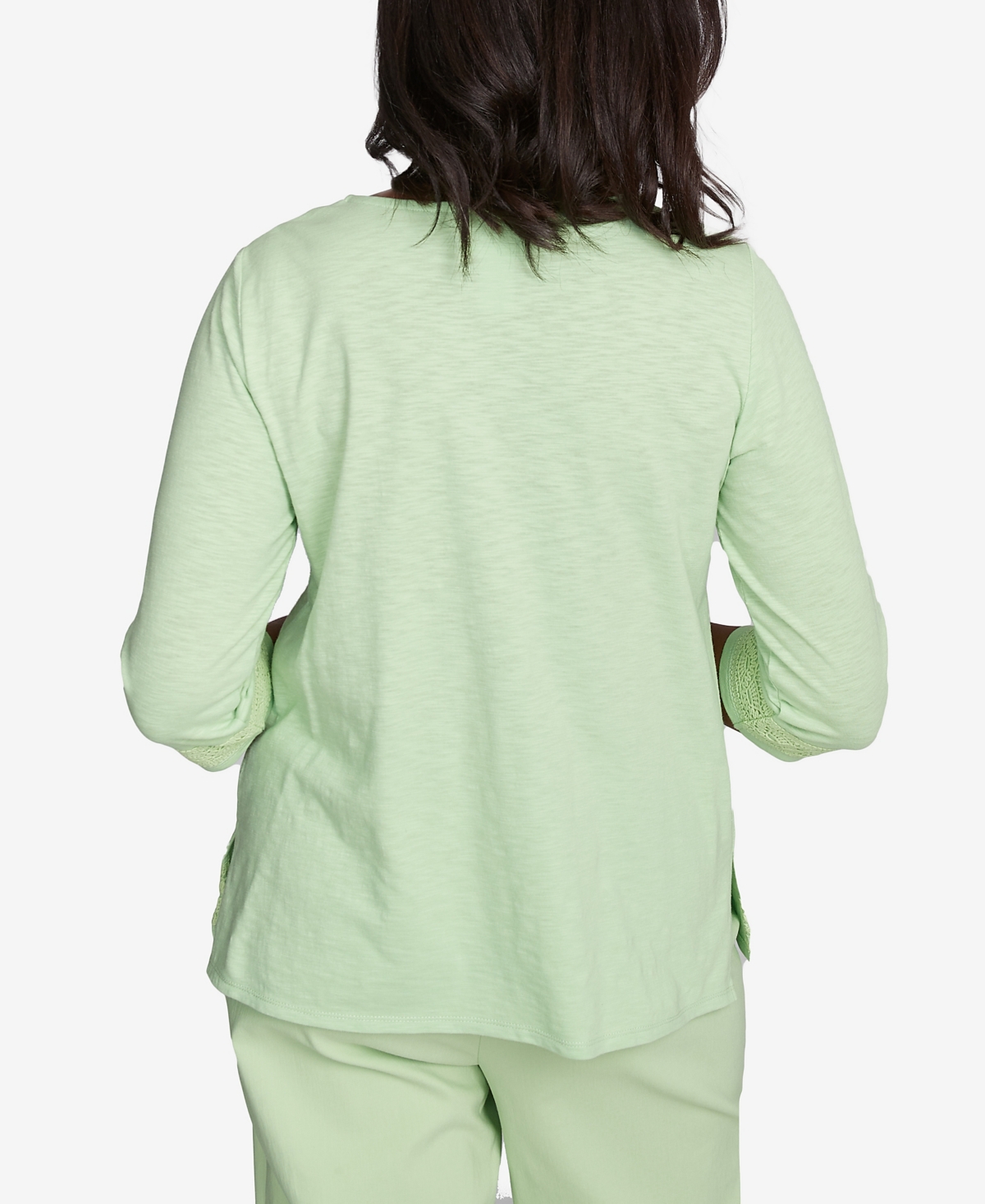 Alfred Dunner Plus Size Parrot Cay Solid Split Neck Lace Trim Top In Palm Green