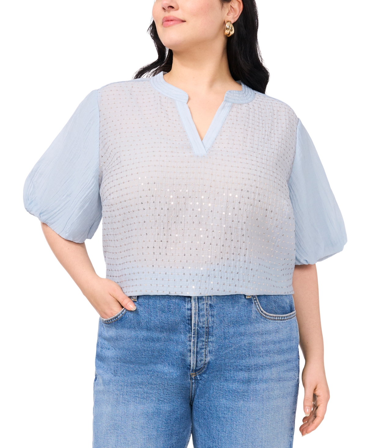 VINCE CAMUTO PLUS SIZE SEQUIN-FRONT BALLOON-SLEEVE TOP 