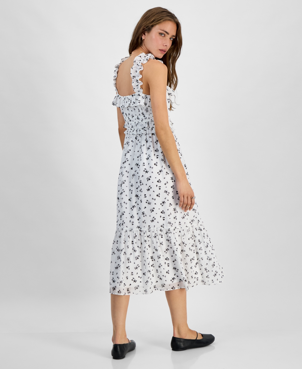 KINGSTON GREY JUNIORS' RUFFLED SQUARE-NECK SLEEVELESS MIDI DRESS 