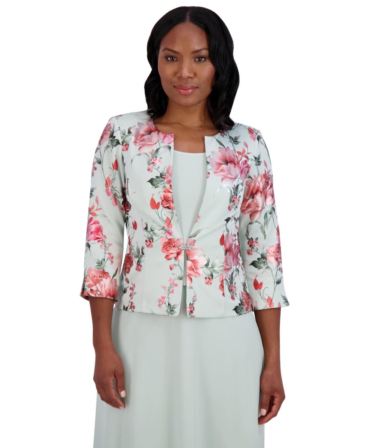Jessica Howard Petite 2-pc. Floral-print Jacket & Midi Dress Set In Sage