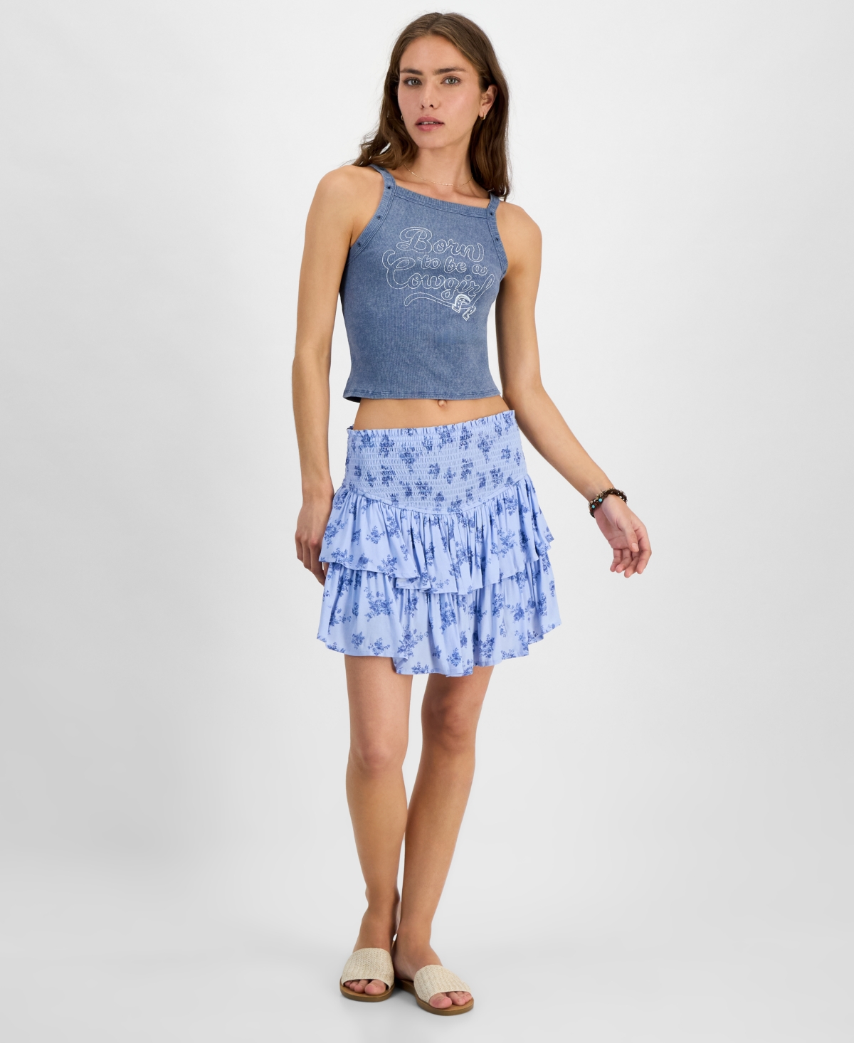 Juniors' Printed Smocked-Waist Tiered Skort - Cream Floral