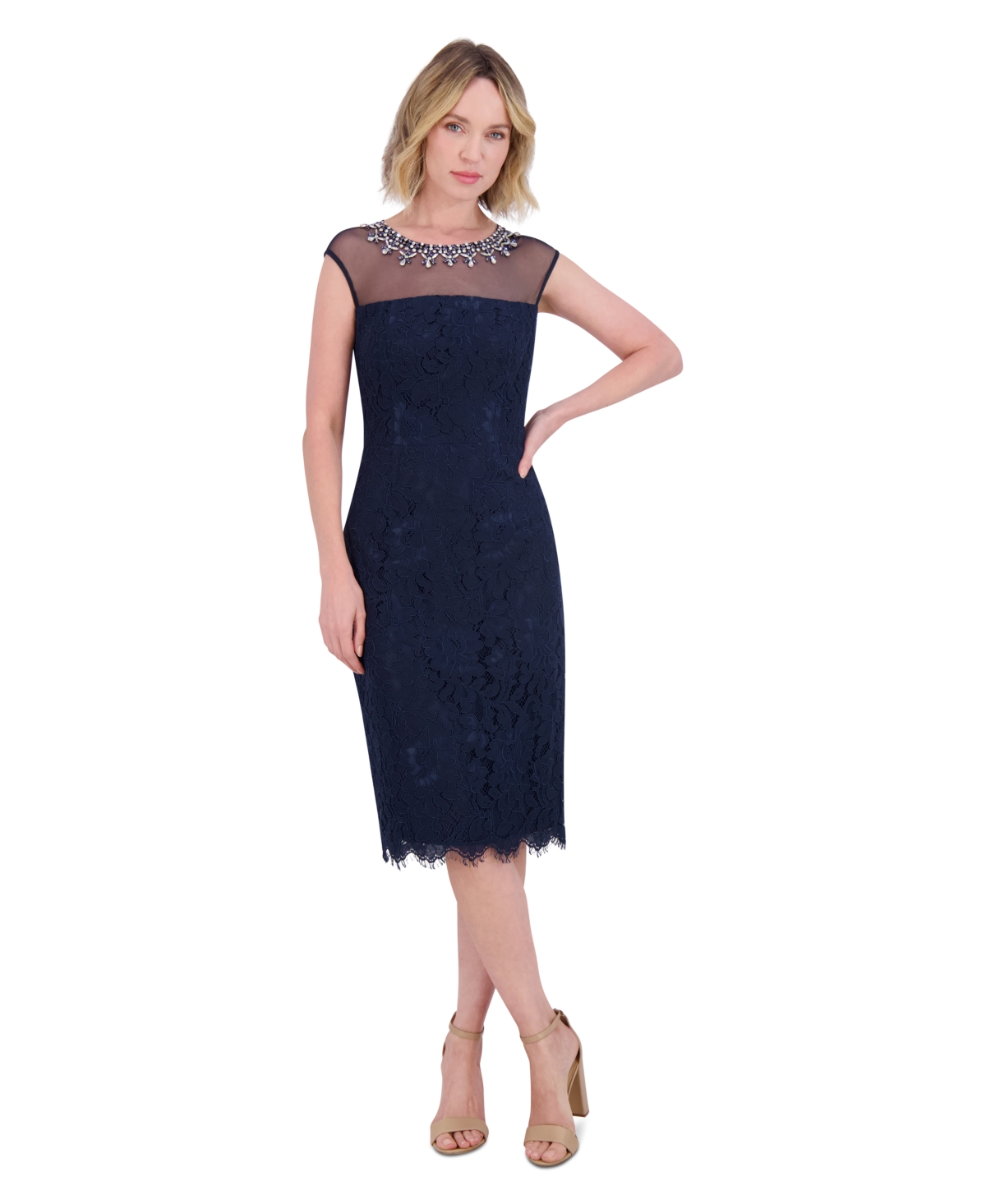 Shop Eliza J Women's Embellished-jewel-neck Sheath Dress In Navy