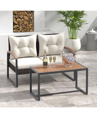 2 Pieces Patio PE Wicker Furniture Set with Acacia Wood Coffee Table