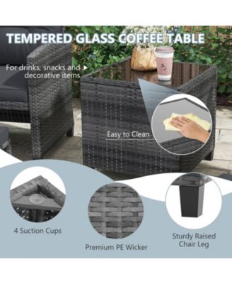 5-Piece Outdoor Rattan Furniture Set with 2 Ottomans and Glass Coffee Table