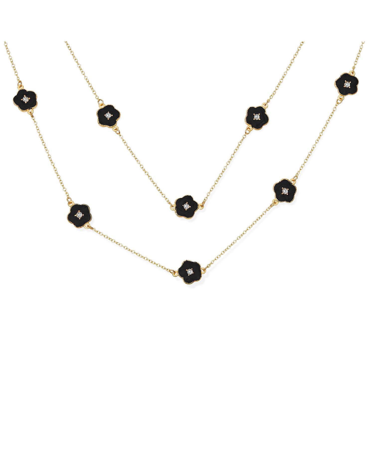 Long Crystal Enamel Rose Flower Double Wrap Clover Necklace Gold Tone 36"
