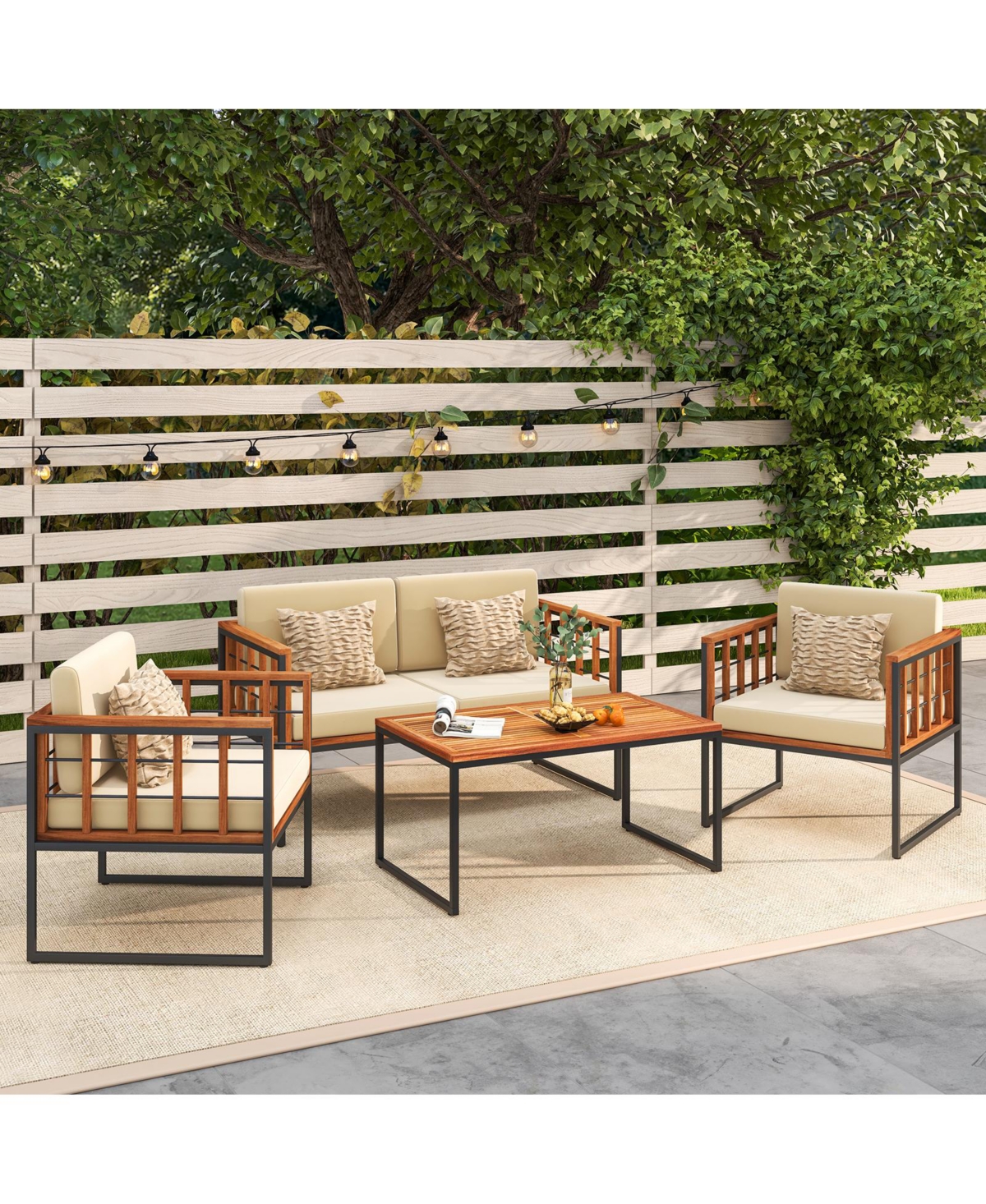 4 Pieces Acacia Wood Outdoor Sofa Set for Balcony Porch Backyard Poolside