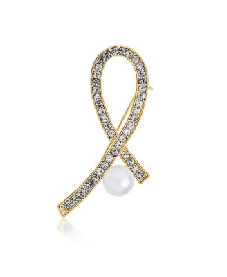 White Pearl Crystal Pave Pink Ribbon Breast Cancer Brooch Pin