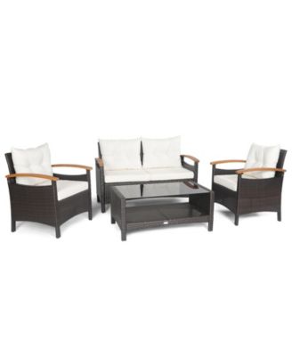4 Pieces Patio Rattan Furniture Set with Cushioned Sofa and Storage Table