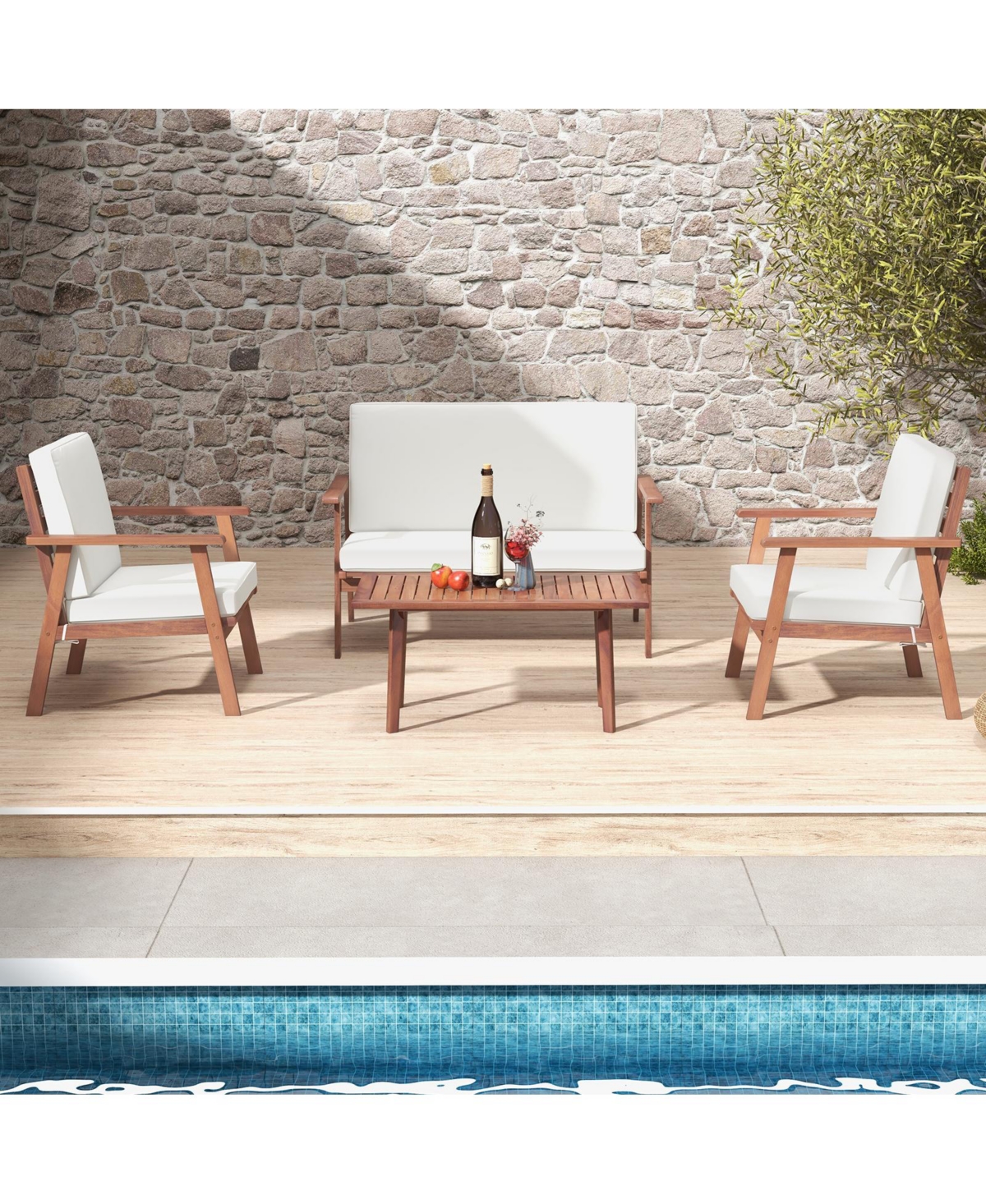 4 Piece Outdoor Acacia Wood Conversation Set with Soft Seat and Back Cushions