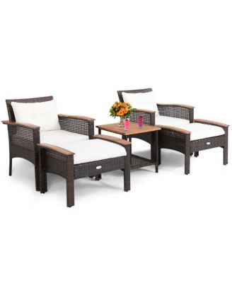 5 Pieces Patio Rattan Furniture Set with Acacia Wood Table