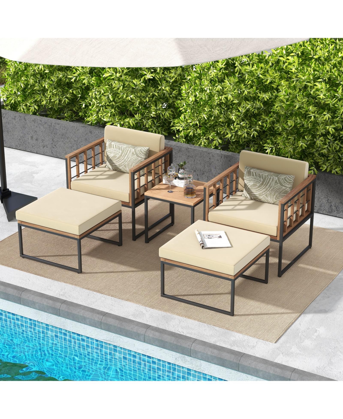 5 Piece Outdoor Furniture Set Acacia Wood Chair Set with Ottomans and Coffee Table