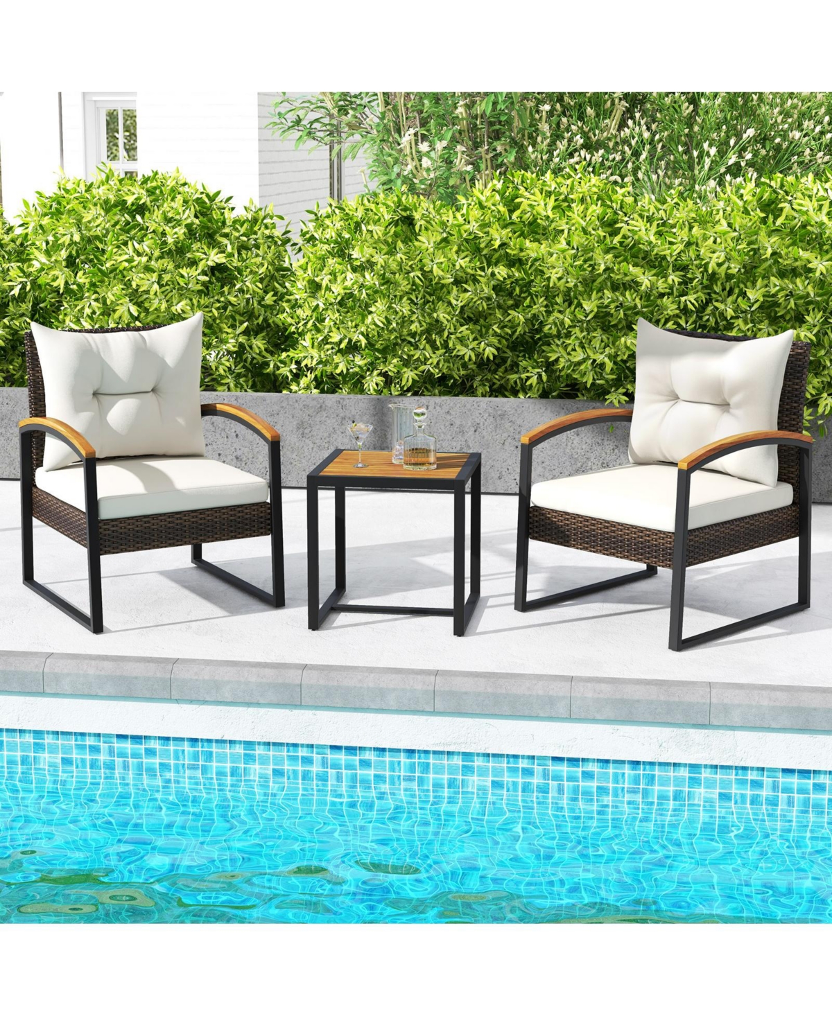 3 Piece Patio Conversation Set with Solid Acacia Wood Armrests and Tabletop