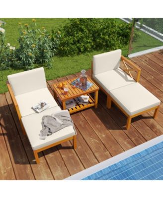 5 Pieces Acacia Wood Patio Lounge Chair Set with Ottomans and Cushions-White