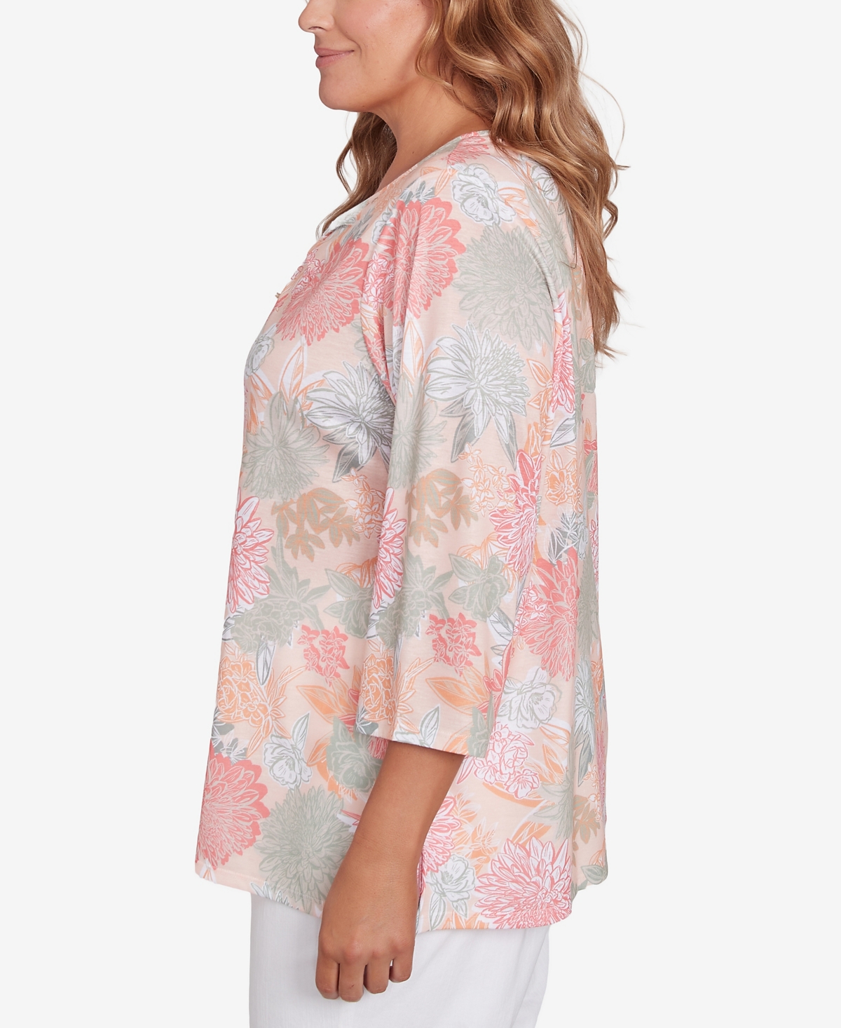 Hearts Of Palm Plus Size Spring Forward Tunic Ring Front 3/4 Sleeve Top In Orange Multi