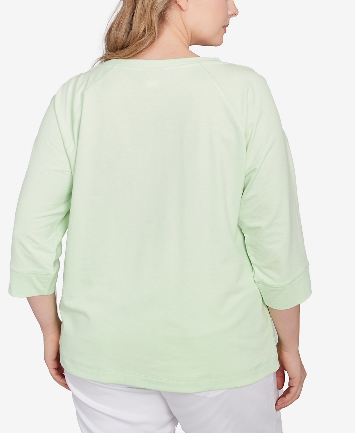 Hearts Of Palm Plus Size Hibiscus Print 3/4 Sleeve Top In Light Green Multi