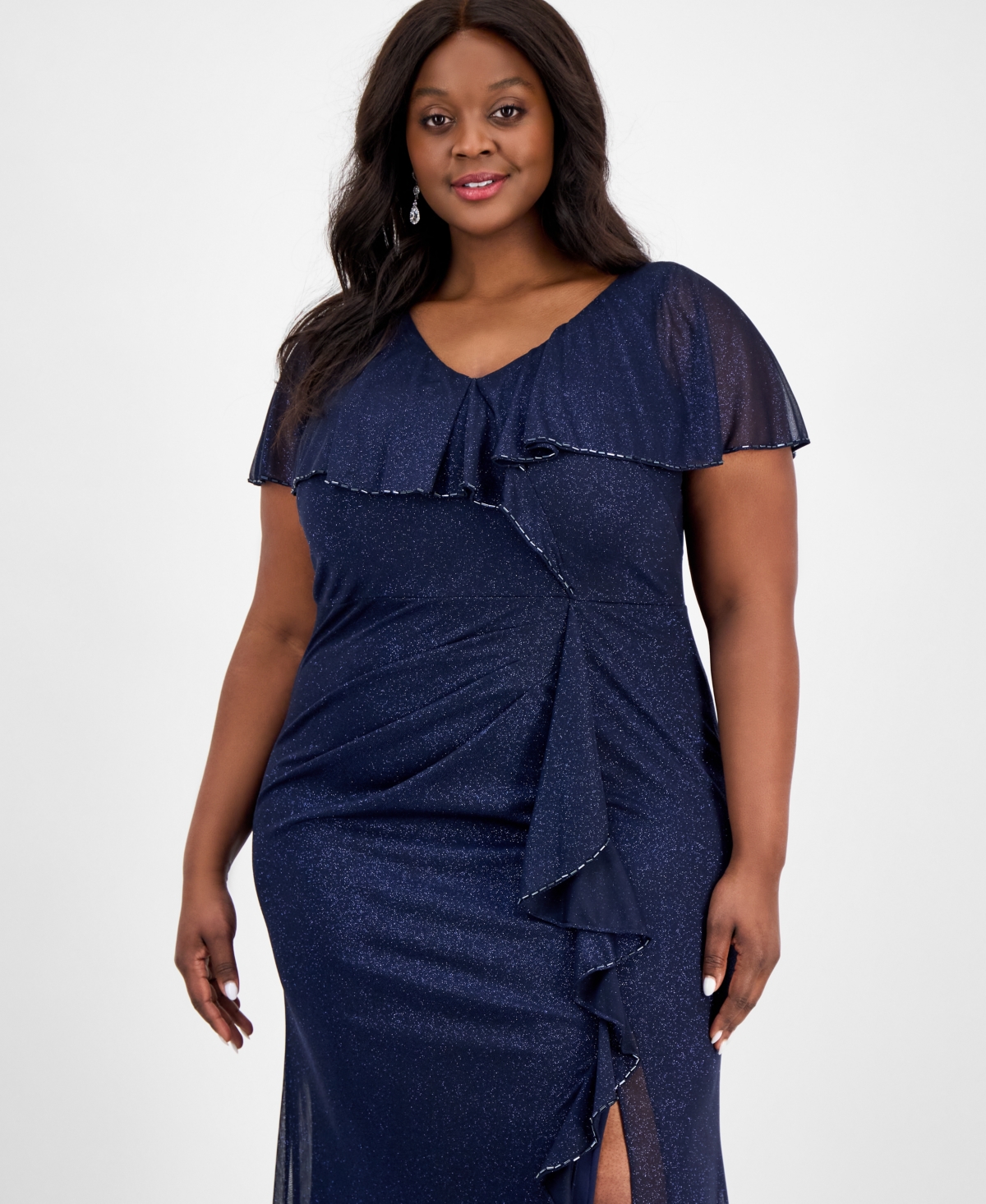 Sl Fashions Plus Size V-neck Caplet Ruffled Glitter Dress In Navy