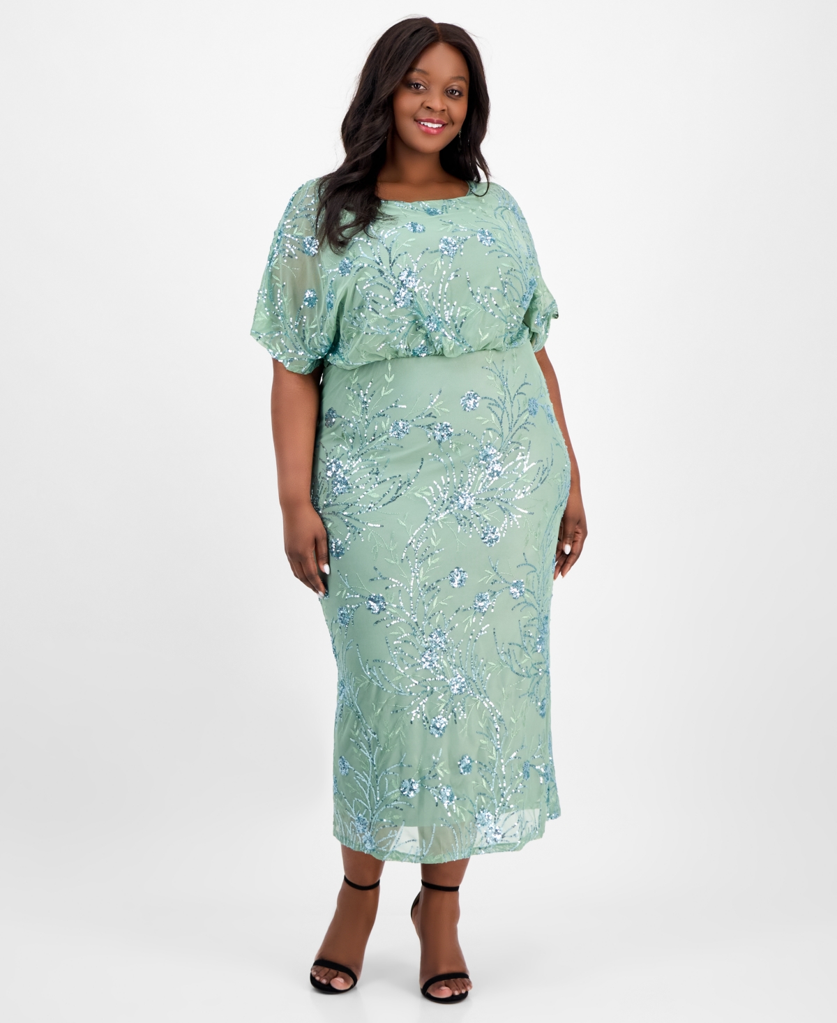 Plus Size Round-Neck Blouson Sequin Dress - Sage